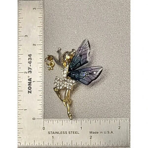 Fairy Brooch Pin with Acrylic Wings and Rhinestones Whimsical Jewelry Gift